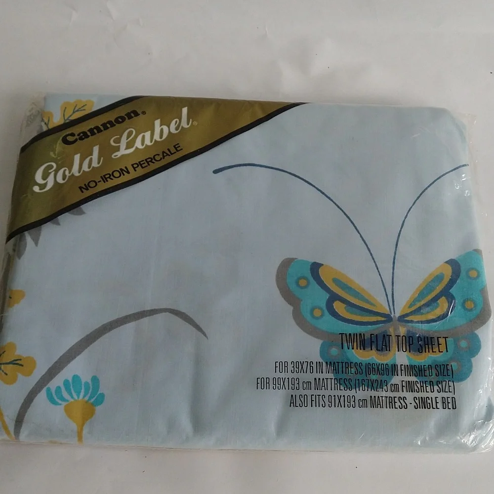 Cannon Twin Flat Bed Sheet Gold Label Butterflies Blue Mid Century Precale MCM